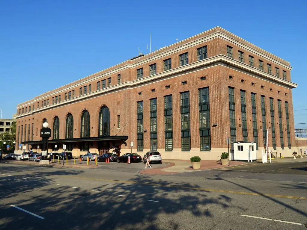 The Union Station building exterior on a sunny day in New Haven, Connecticut.