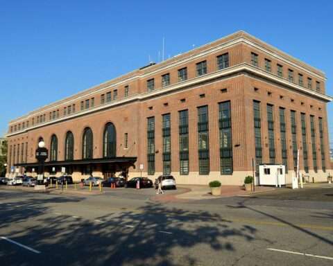 The Union Station building exterior on a sunny day in New Haven, Connecticut.