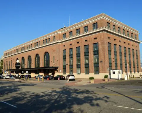 The Union Station building exterior on a sunny day in New Haven, Connecticut.