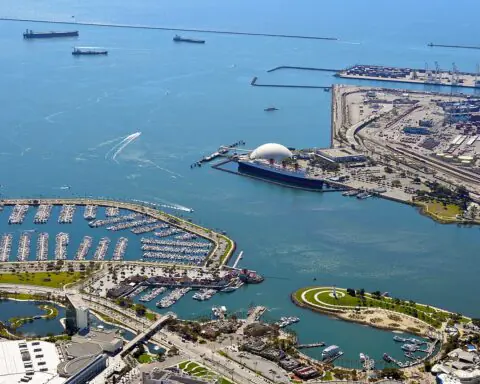 An aerial image of the Port of Long Beach in California.