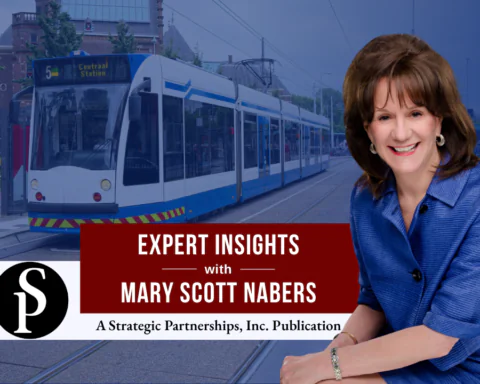 Mary Scott Nabers before a transit hub for her weekly column.