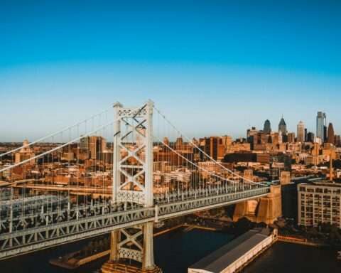 A view of a bridge and transportation infrastructure in Philadelphia.