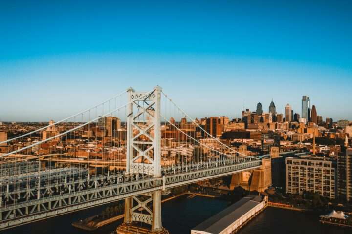 A view of a bridge and transportation infrastructure in Philadelphia.