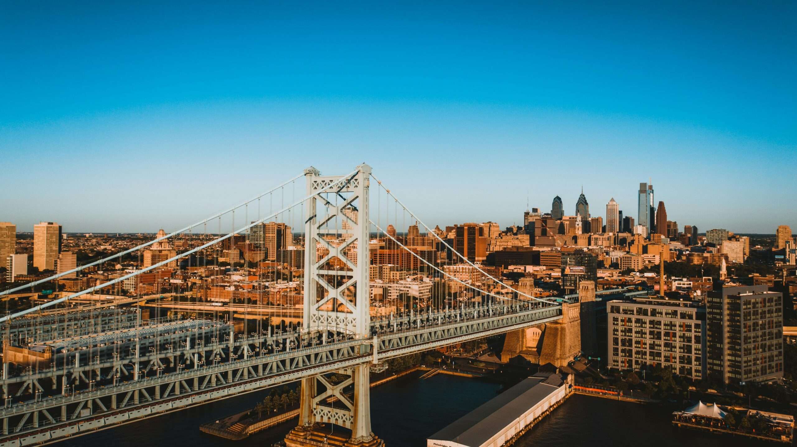 A view of a bridge and transportation infrastructure in Philadelphia.