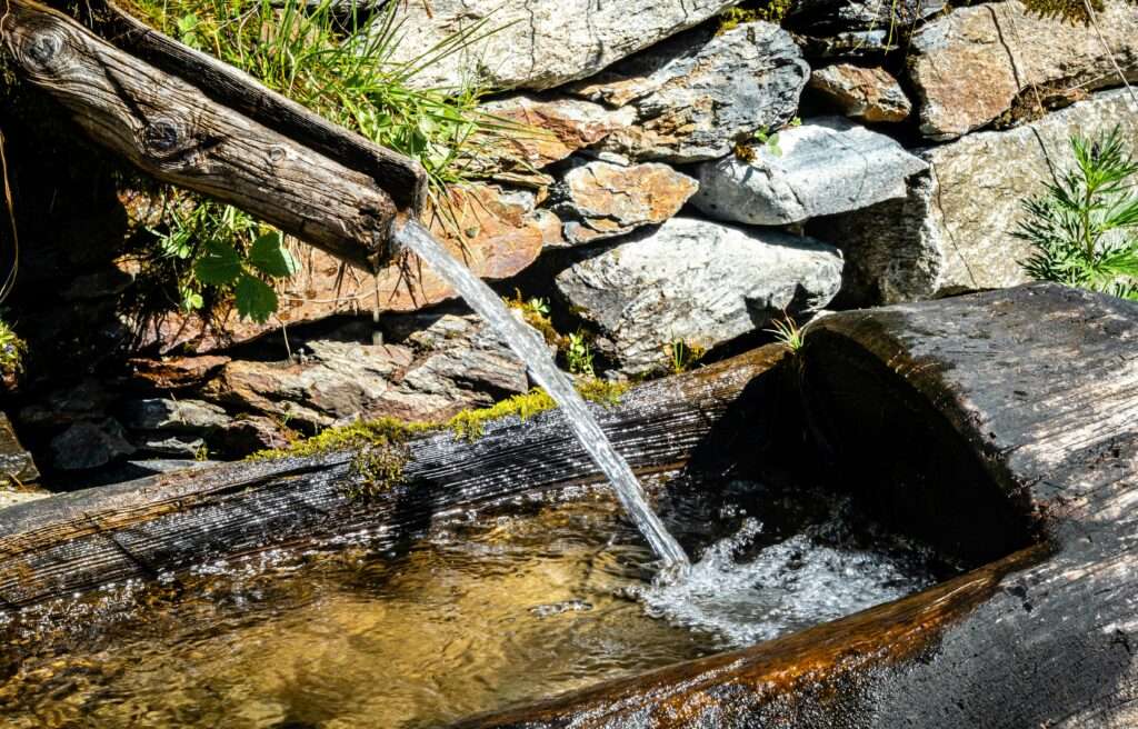 Water pours form a natural pipe into a log.