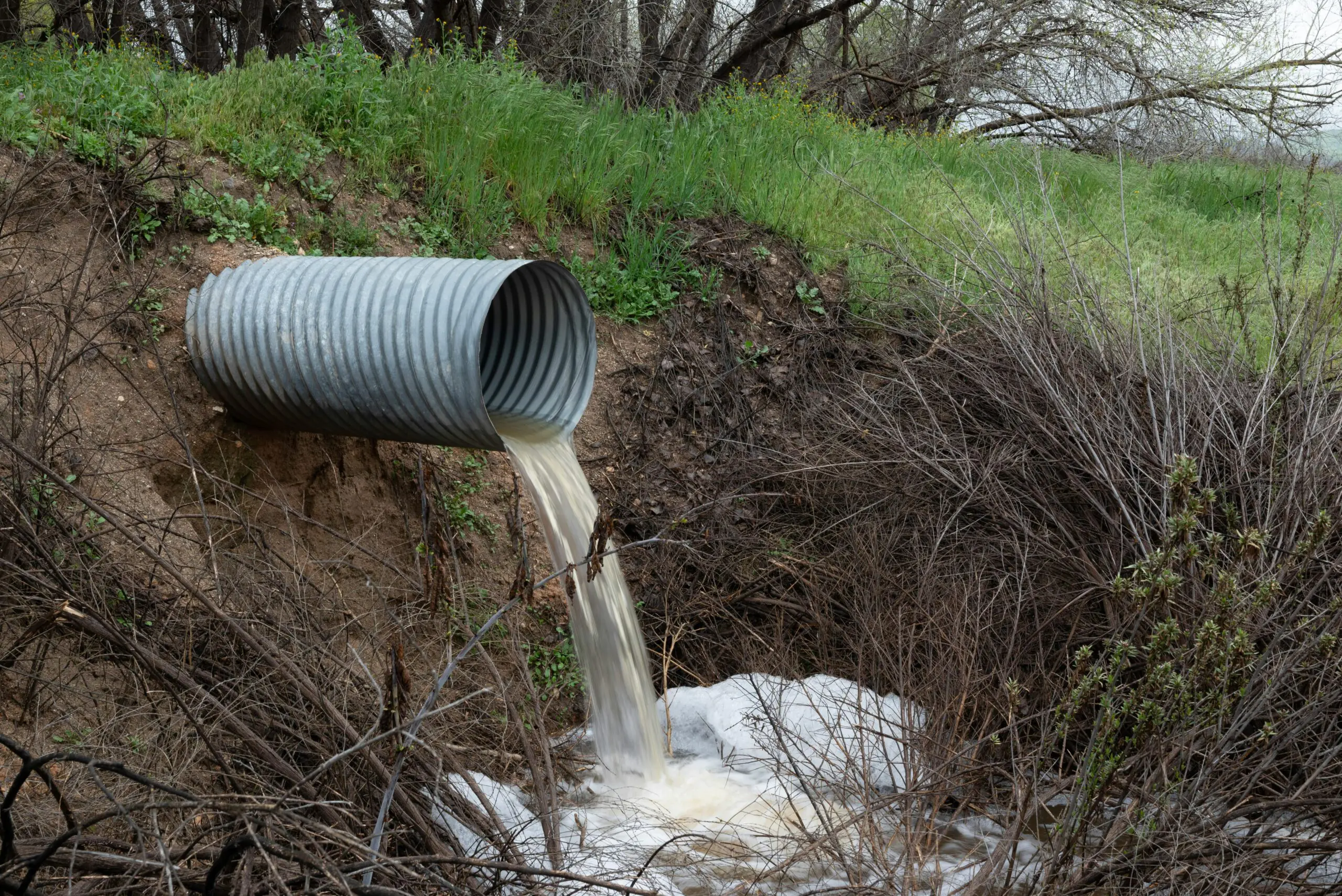 A sewage pipe pours water before a grassy knoll.