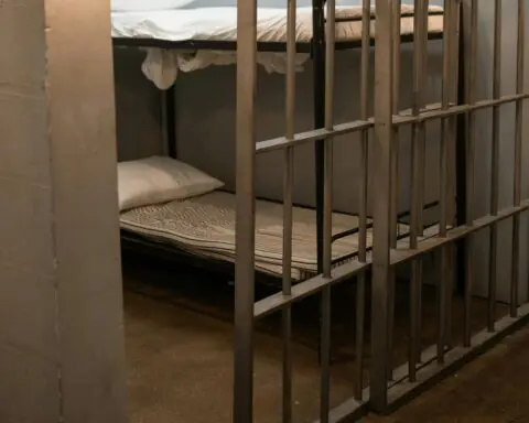The interior of a jail cell with a bunk bed and two dumbbells.