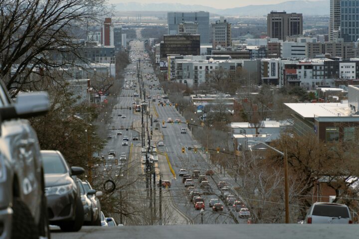 A view of a busy street stretching to the distance in Salt Lake City, Utah.