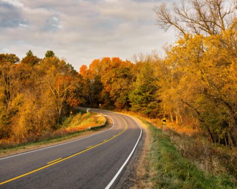 A rural Wisconsin road before autumn trees and greenery.
