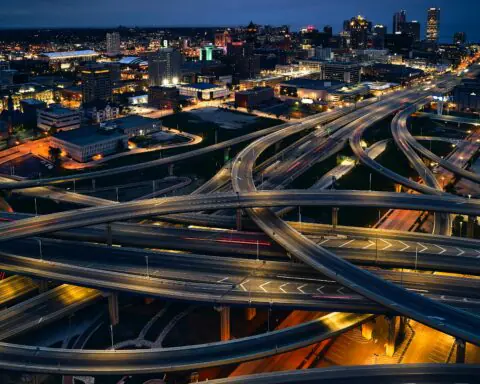 A spiral of highways from above in Milwaukee, Wisconsin.