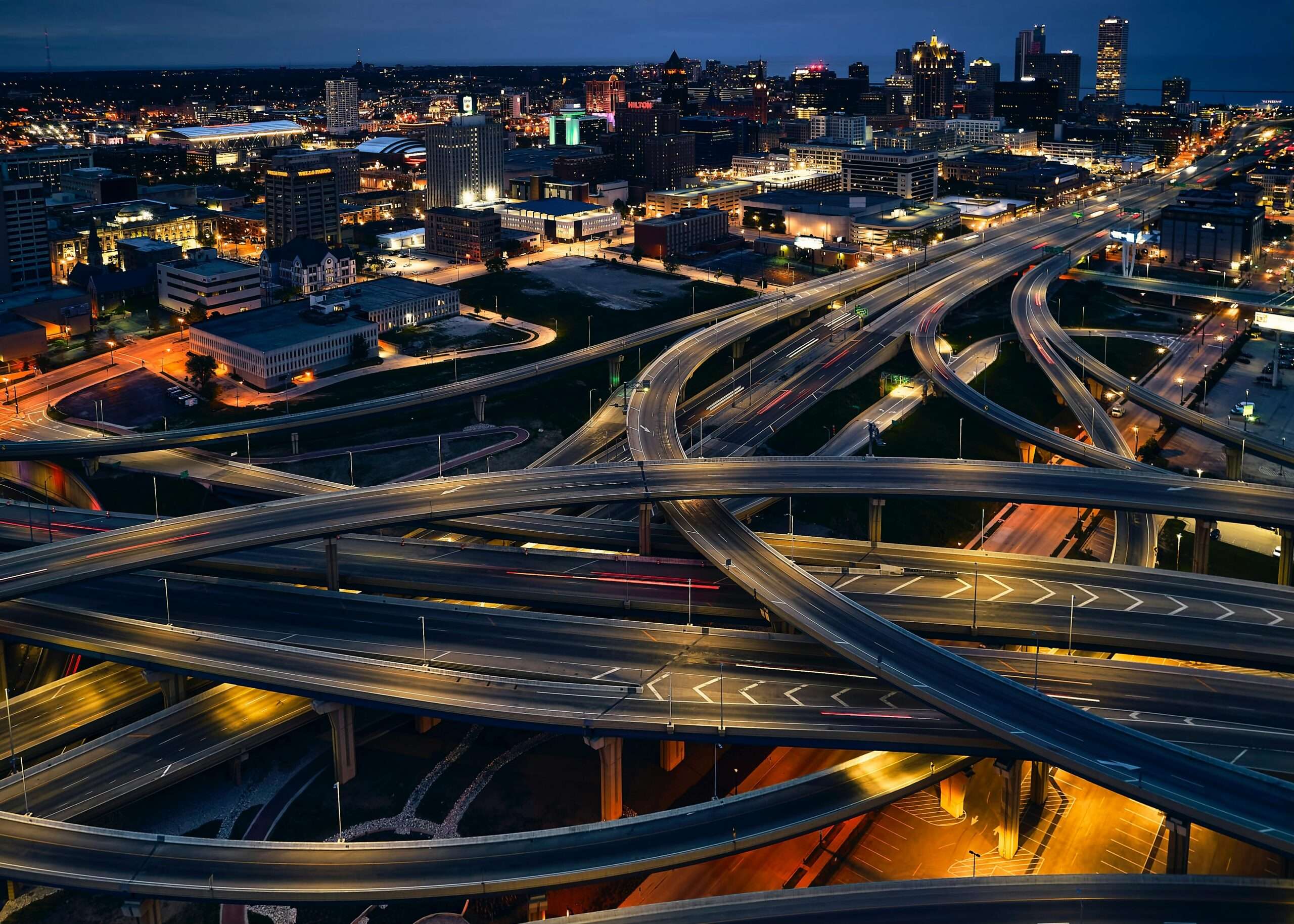 A spiral of highways from above in Milwaukee, Wisconsin.
