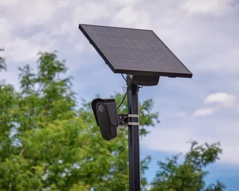 A Flock Safety automated license plate reader (ALPR) camera outside a retail store in Aurora, Colorado, on June 27, 2024.
