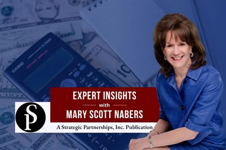 Mary Scott Nabers before a calculator and money for her weekly column.