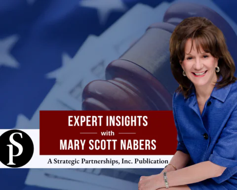 Mary Scott Nabers before a gavel, money and an American flag for her weekly column.
