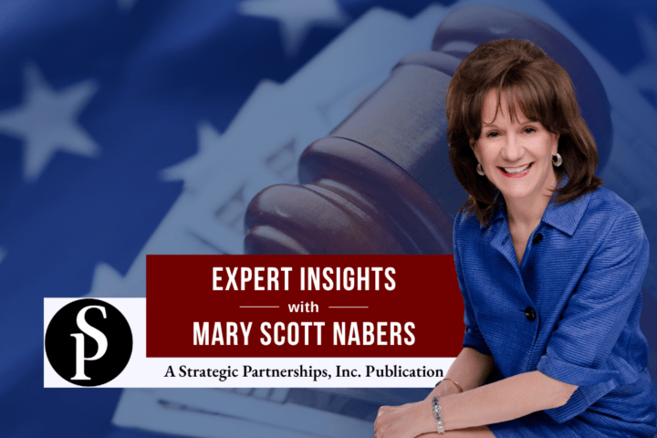 Mary Scott Nabers before a gavel, money and an American flag for her weekly column.