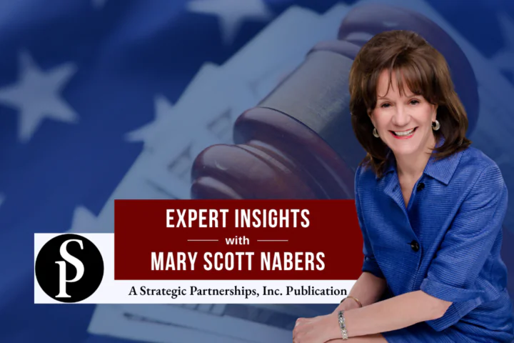 Mary Scott Nabers before a gavel, money and an American flag for her weekly column.