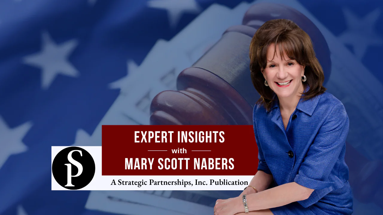 Mary Scott Nabers before a gavel, money and an American flag for her weekly column.