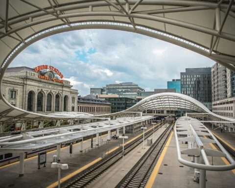 The exterior and rail tracks outside of Union Station in Denver.