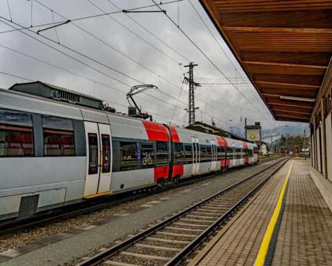 A train on a passenger rail line.