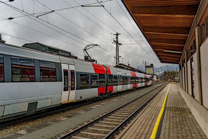 A train on a passenger rail line.