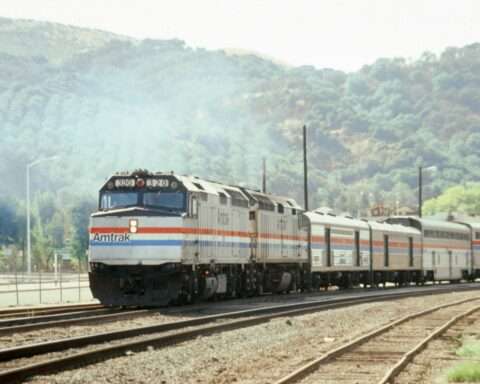 An Amtrak train on tracks before a green hill with trees and bushes.