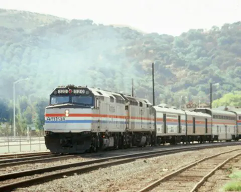 An Amtrak train on tracks before a green hill with trees and bushes.