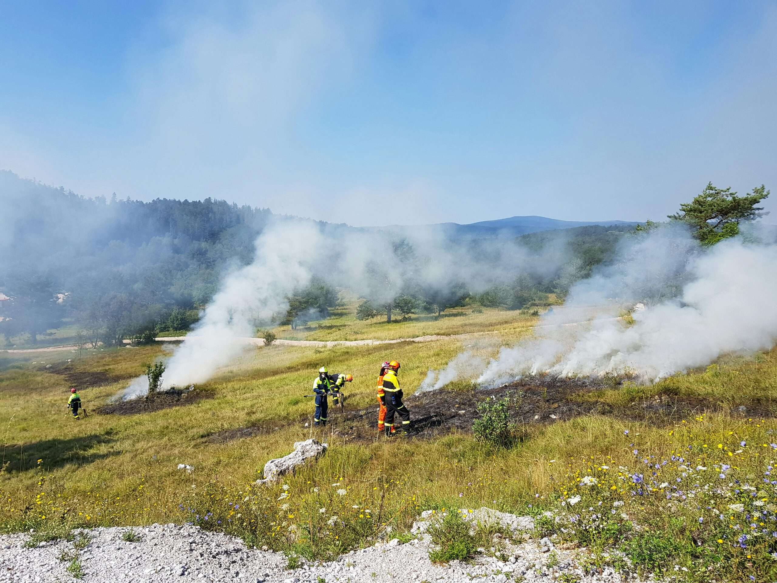 Wildfire workers conduct a burn on an open field during the day.