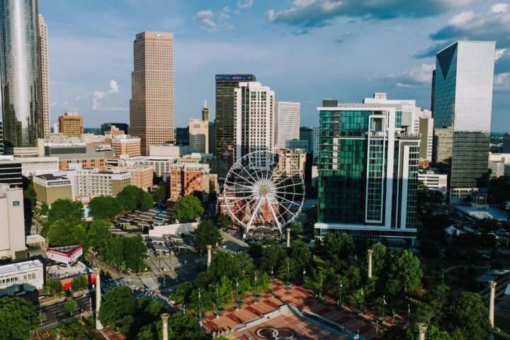 The Atlanta skyline from helicopter level.