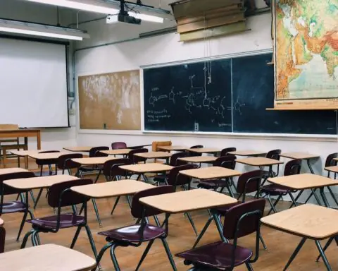 An empty classroom in an elementary school.