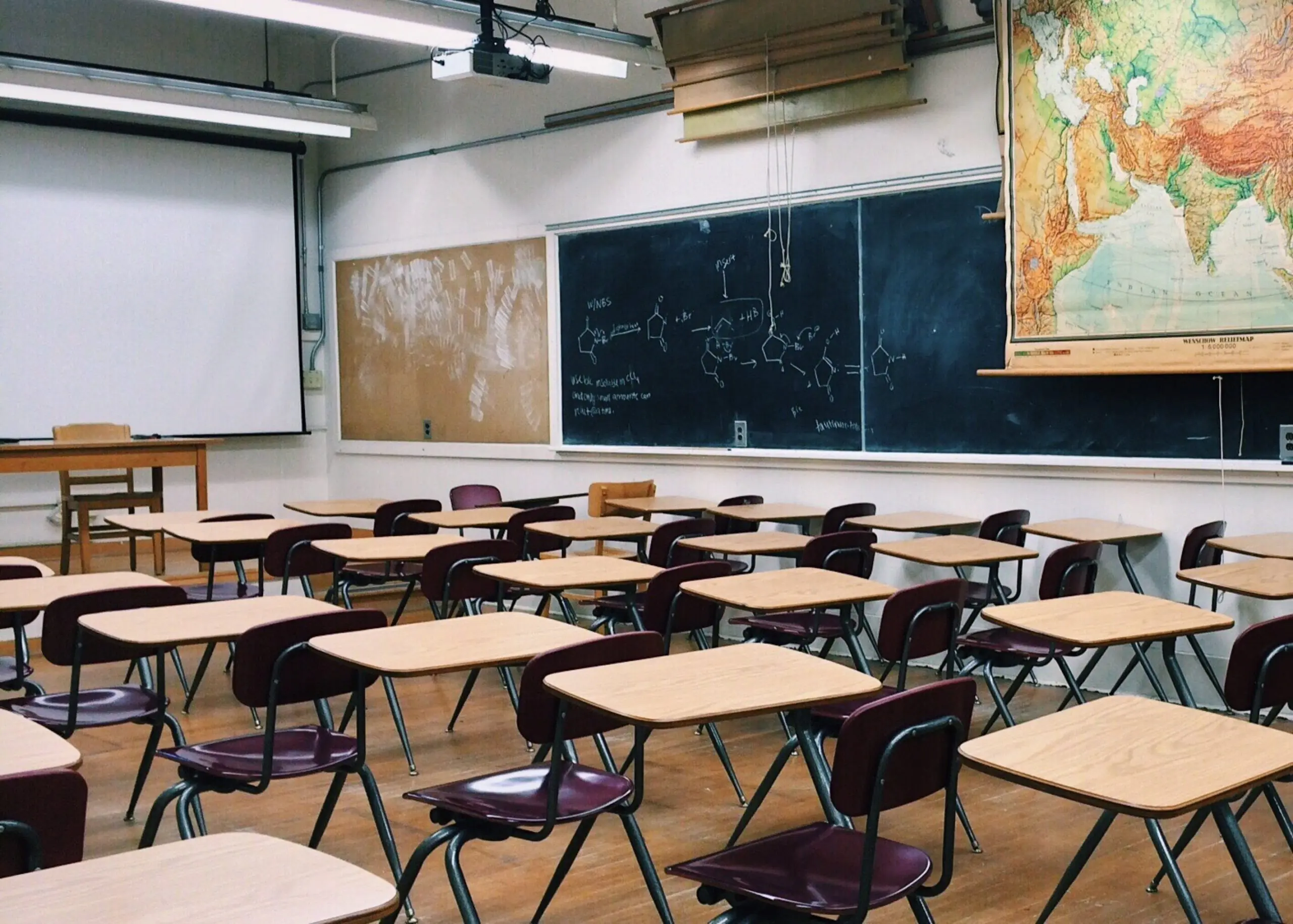 An empty classroom in an elementary school.